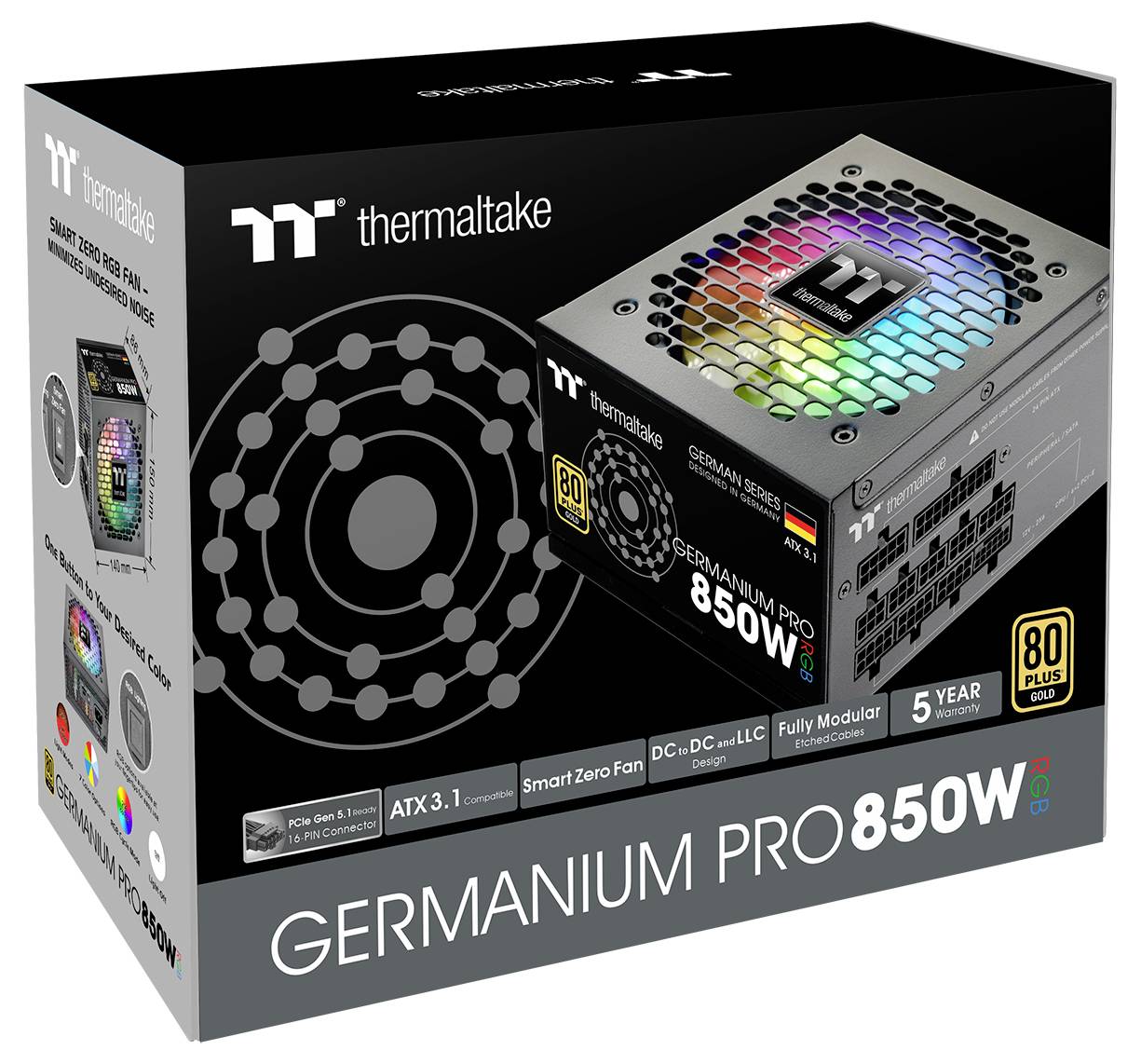 Boîte d'alimentation 'Germanium Pro 850W' de Thermaltake, avec éclairage RVB, certification 80 Plus Gold, garantie de 5 ans et conception modulaire.