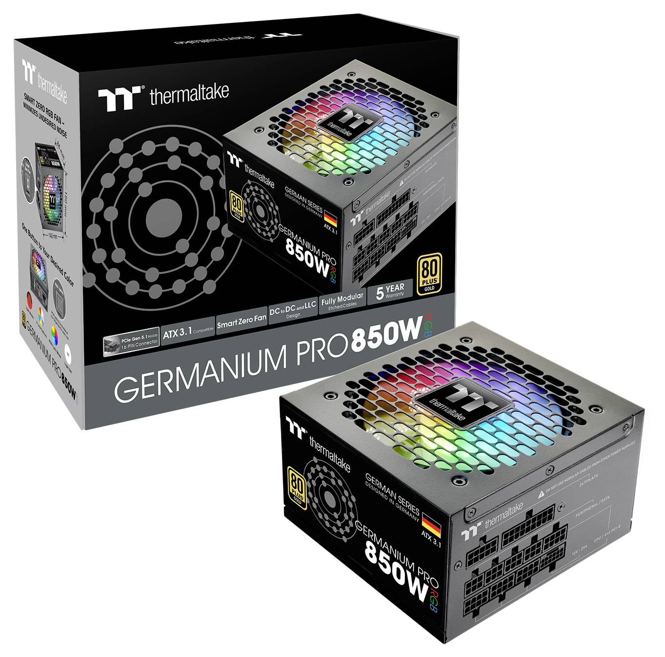 Bloc d'alimentation Thermaltake Germanium Pro 850W avec éclairage RVB, ventilateur intelligent à vitesse nulle, conception DC à DC, design entièrement modulaire, certification 80 Plus Gold. L'emballage présente les logos et l'image du produit.