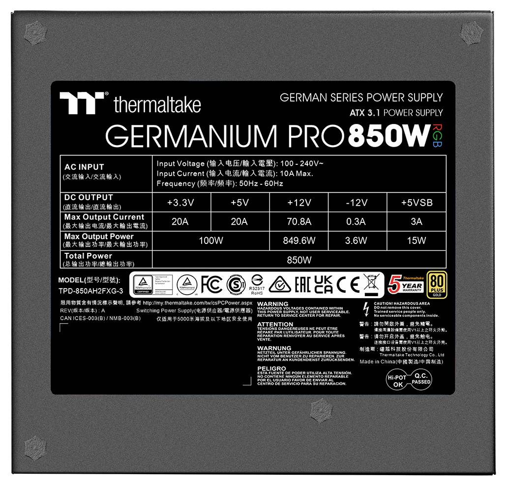 Alimentation 'Germanium Pro 850W' avec spécifications d'entrée/sortie : Entrée 100-240V, Sortie 850W max, et sorties multivoies