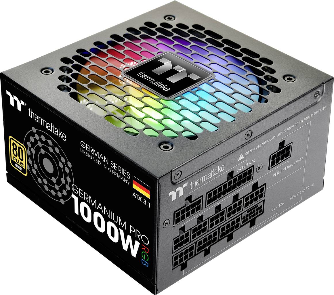 'Bloc d'alimentation Thermaltake, Sermanium Pro 1000W RGB, avec grille supérieure colorée, certification 80 Plus Gold, conçu en Allemagne.'