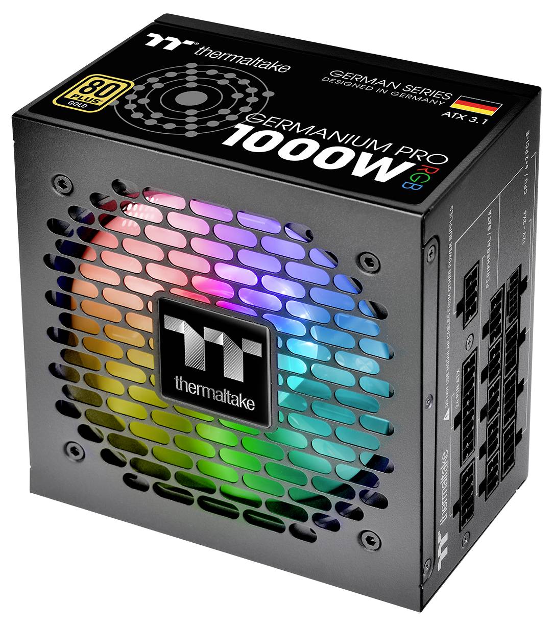 Alimentation Thermaltake Germanium Pro 1000W avec éclairage RGB et certification 80 Plus Gold, équipée de connecteurs modulaires.