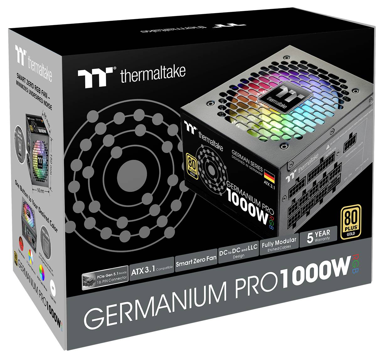 Boîte d'alimentation Thermaltake Germanium Pro 1000W présentant l'image du produit, avec des caractéristiques clés telles que l'éclairage RVB, un design entièrement modulaire et la certification 80 Plus Titanium.