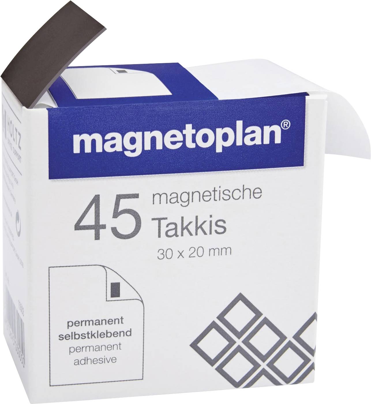 Un boîte contenant 45 Takkis magnétiques de 30 x 20 mm par magnetoplan, présentant une qualité auto-adhésive permanente.