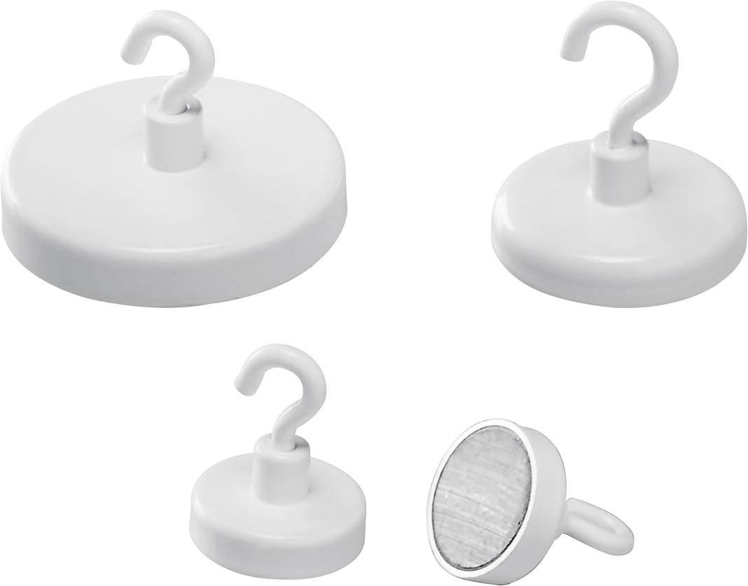 Quatre crochets magnétiques blancs, présentés sous différents angles, utilisés pour suspendre des objets sur des surfaces métalliques.