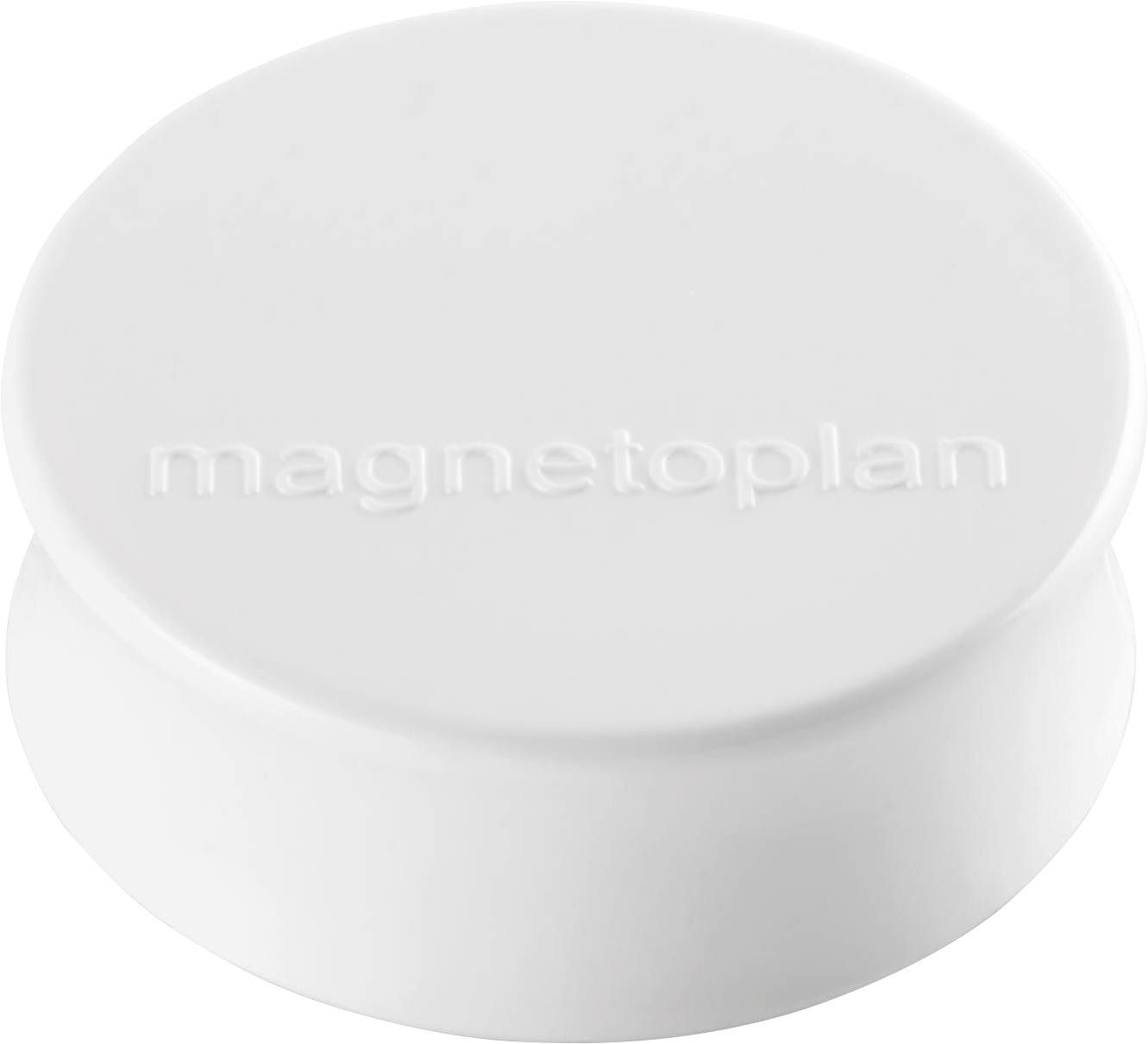 Un objet magnétique rond et blanc portant l'inscription 'magnetoplan' en relief sur le dessus, probablement utilisé pour maintenir des objets sur une surface magnétique comme un tableau blanc.