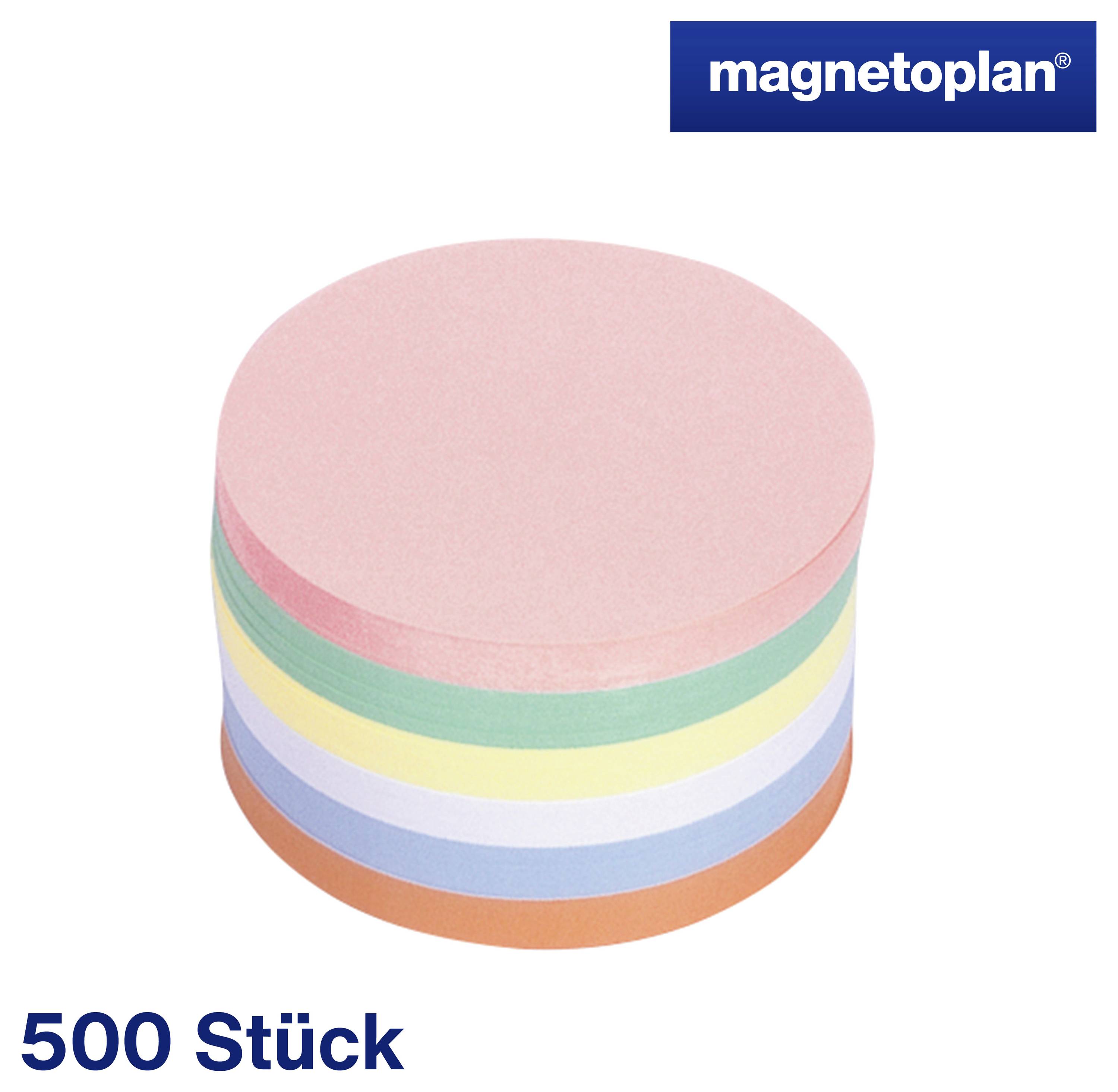 Une pile de 500 notes autocollantes ovales de différentes couleurs, comprenant le rose, le vert, le jaune, le bleu et l'orange, de la marque 'magnetoplan'.