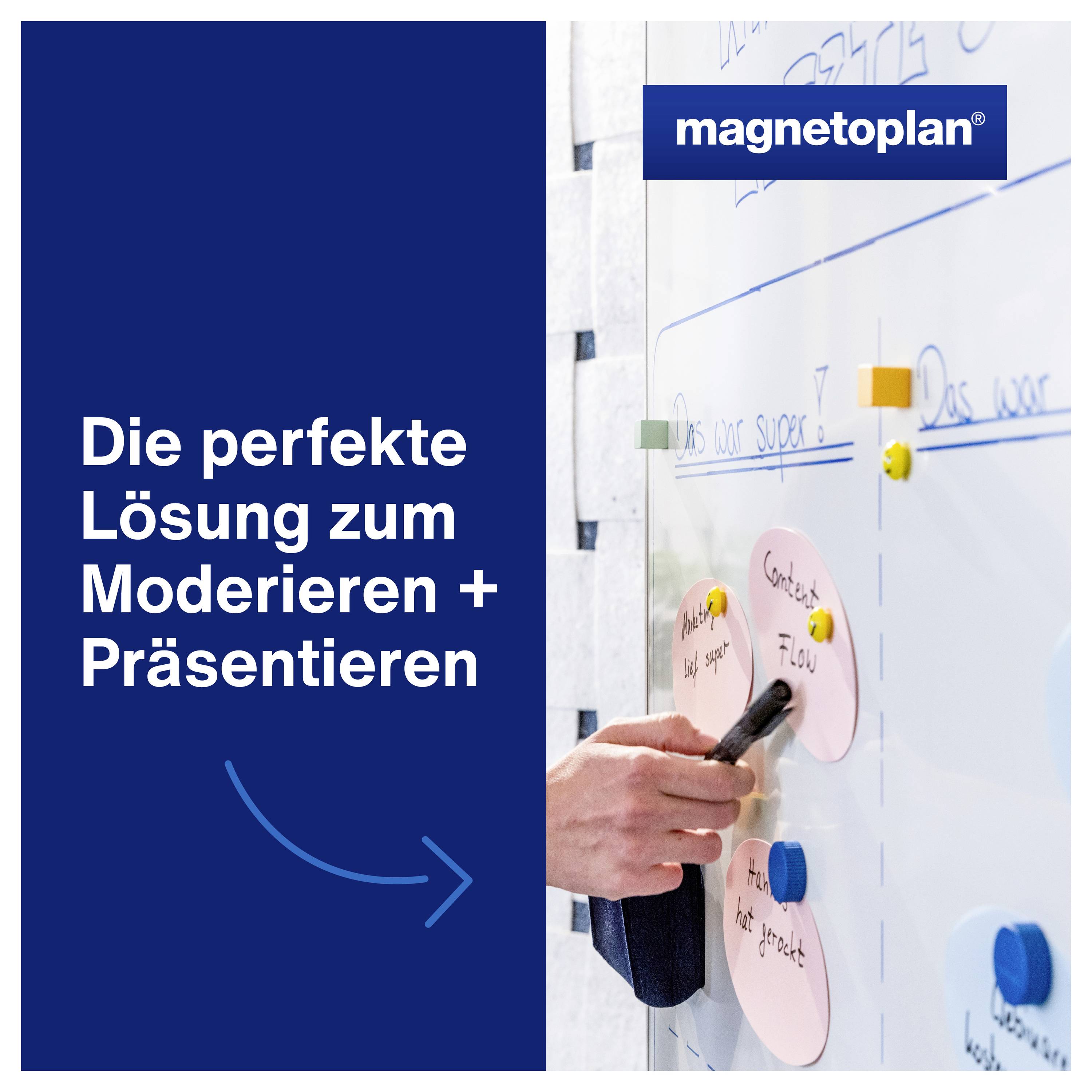 Une main écrit sur un tableau blanc recouvert de post-it et de points magnétiques ; le texte indique « La solution parfaite pour animer et présenter ».