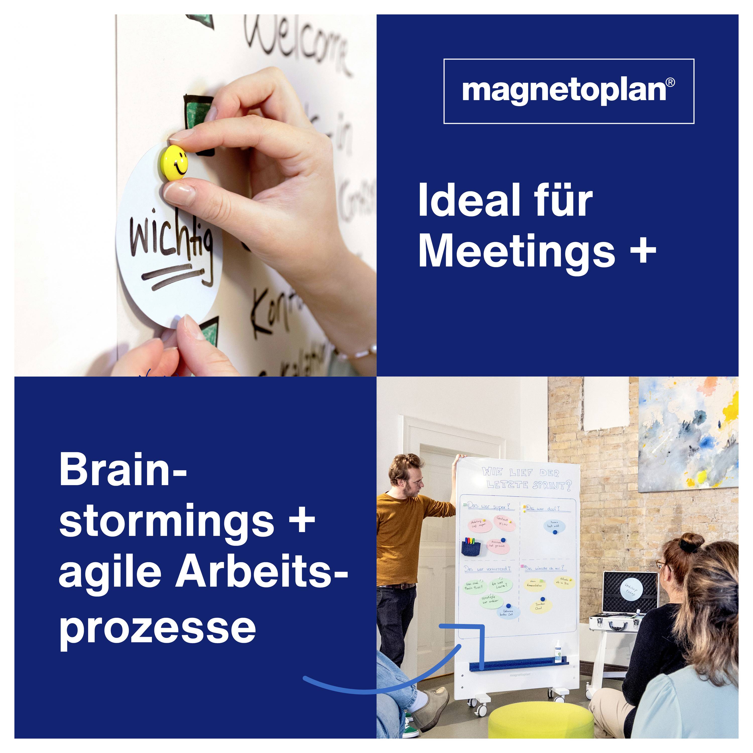 'A person attaching a magnet with 'Wichtig' to a board. Text reads 'magnetoplan', 'Ideal für Meetings +', 'Brainstormings + agile Arbeitsprozesse'. People in a meeting room are discussing a flipchart with notes.'