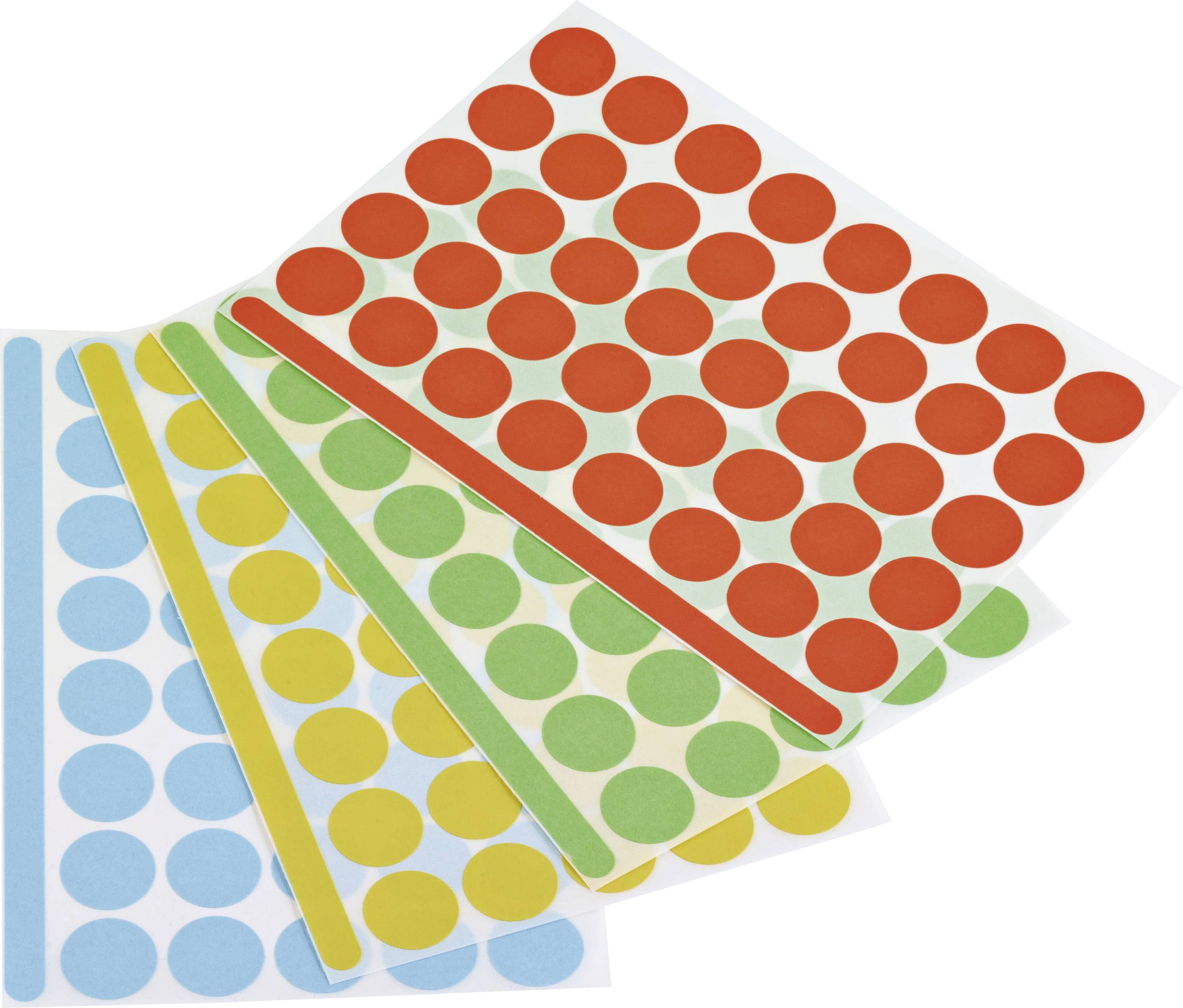 Des feuilles de points adhésifs colorés en rouge, vert, jaune et bleu, disposés en rangées, utilisés pour l'étiquetage ou l'organisation.