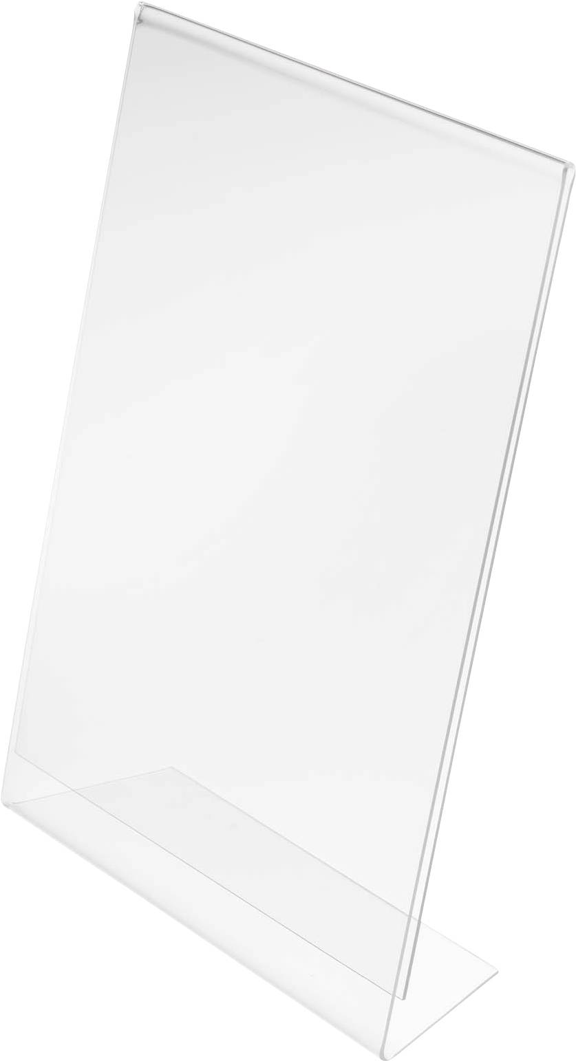 Un support de présentation en acrylique transparent avec une base inclinée, conçu pour tenir des panneaux ou des supports promotionnels, généralement utilisé dans les espaces commerciaux.