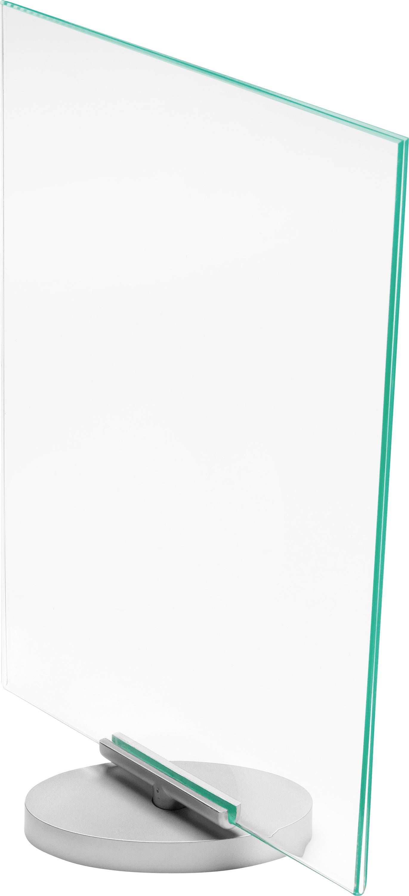 Un support de panneau en acrylique transparent et vertical, muni d'une base circulaire grise, conçu pour afficher des informations ou des publicités verticalement.