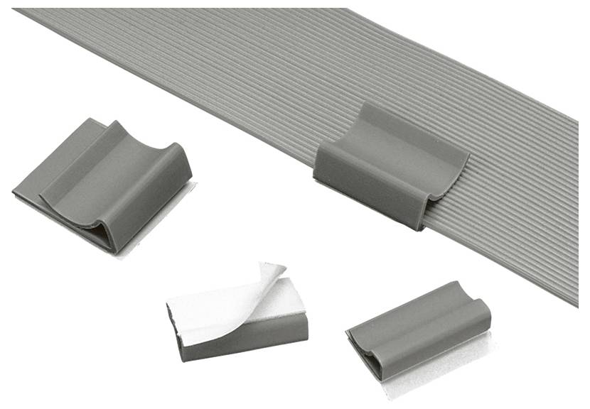 Clips en plastique gris, texturés, sur une surface assortie, représentés dans différentes positions. Un clip présente un support en papier décollé révélant son adhésif.