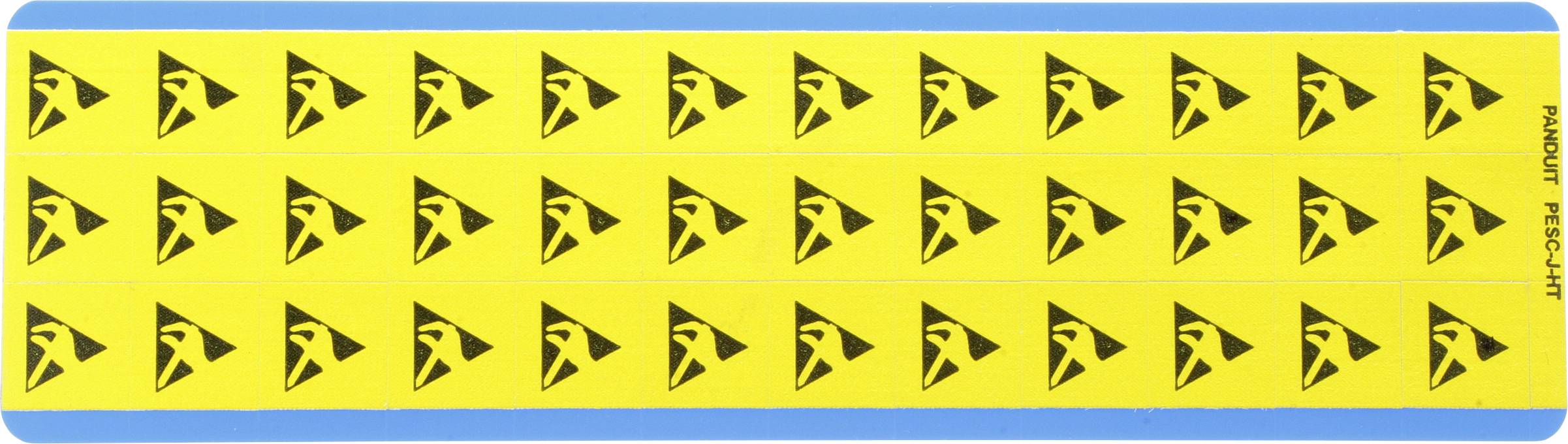 Un objet rectangulaire avec une bordure bleue et un champ jaune affichant des motifs répétitifs de triangles noirs.