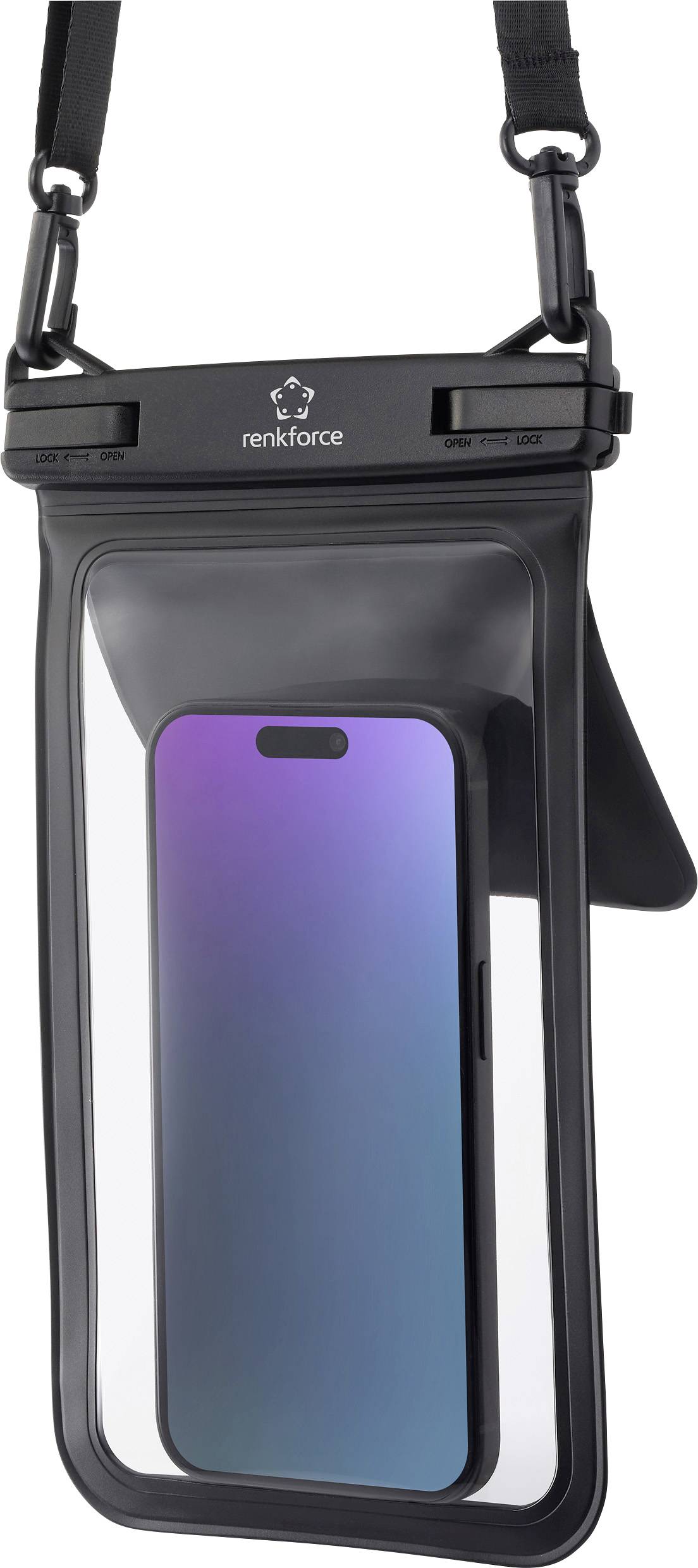Un smartphone à l'intérieur d'un étui étanche avec une bordure noire, présentant un écran dégradé de violet et de bleu. L'étui dispose d'une lanière de transport.