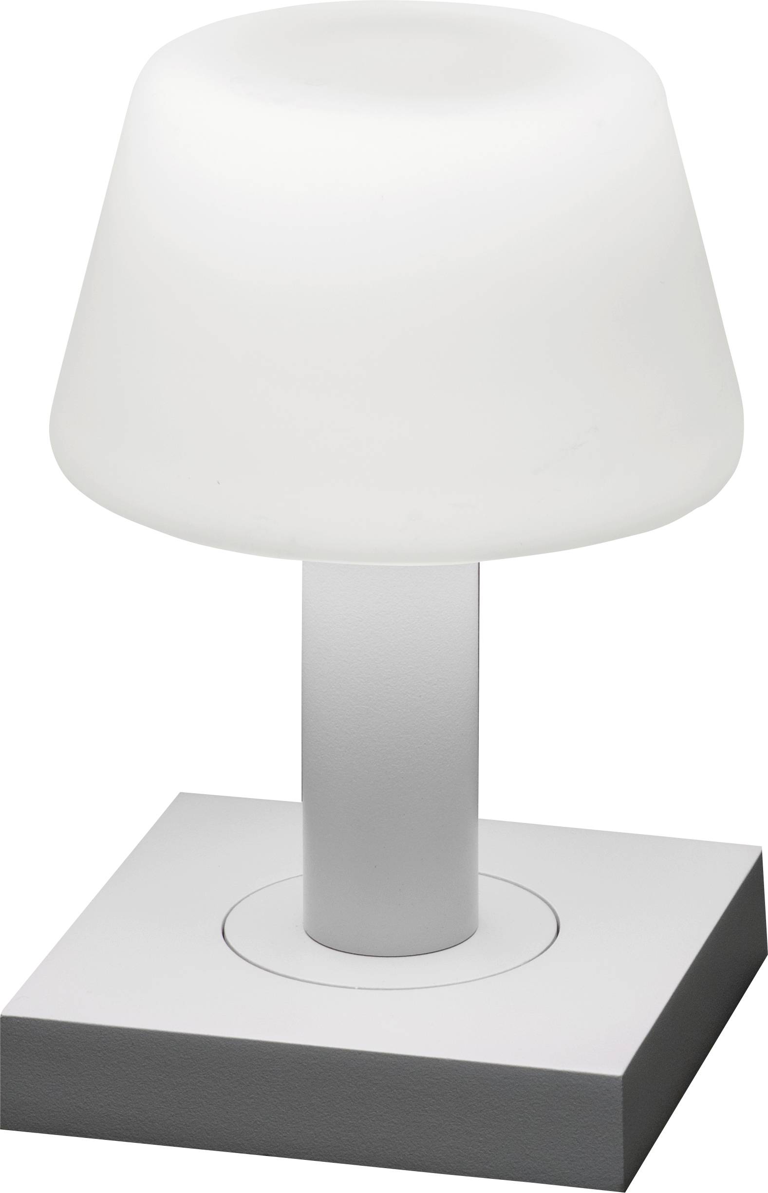 Une lampe de table moderne, minimaliste, blanche, avec une base cylindrique et un abat-jour conique givré, adaptée à la décoration contemporaine.