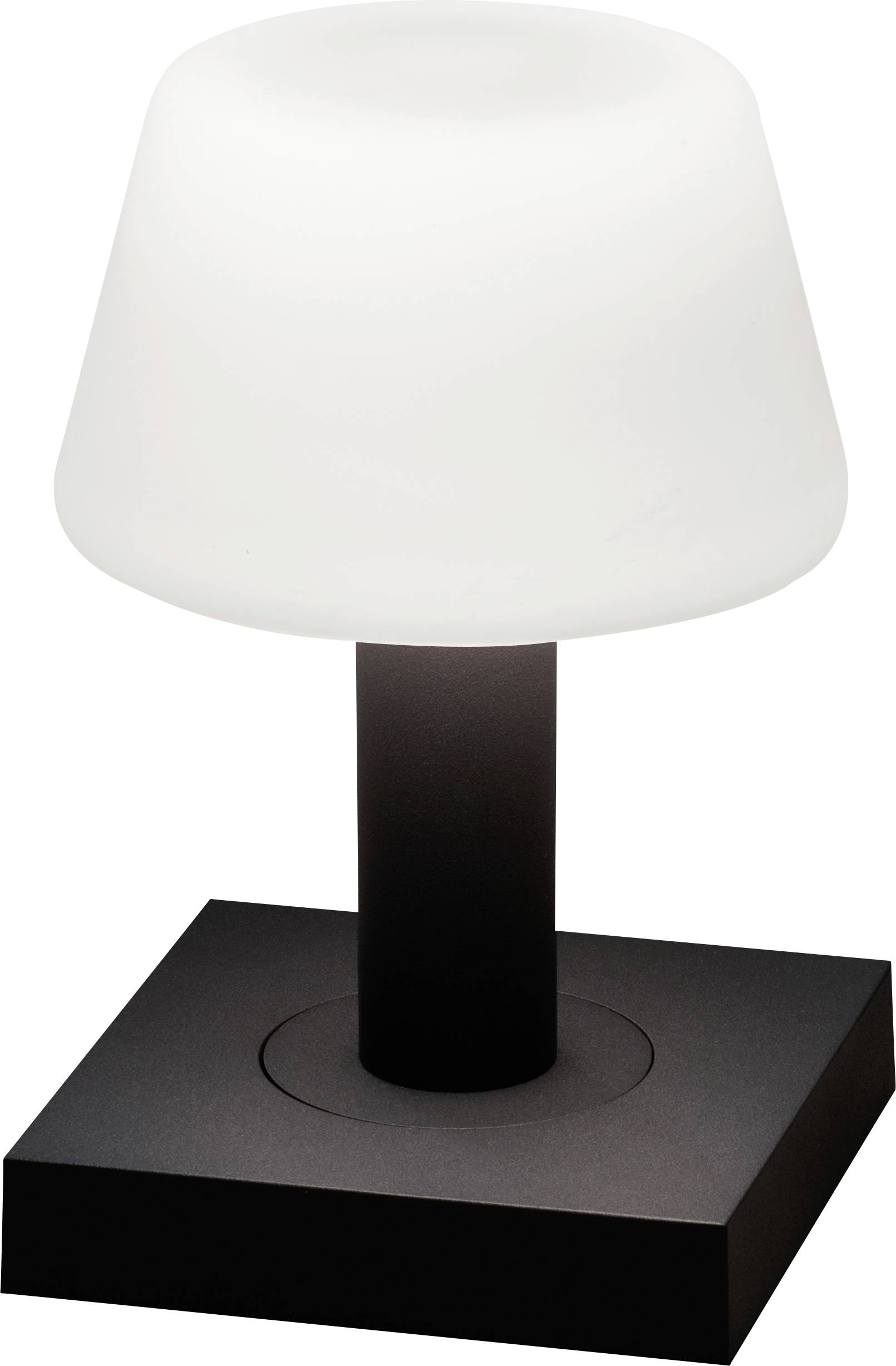 Une petite lampe de table avec un abat-jour blanc givré et une base carrée noire.