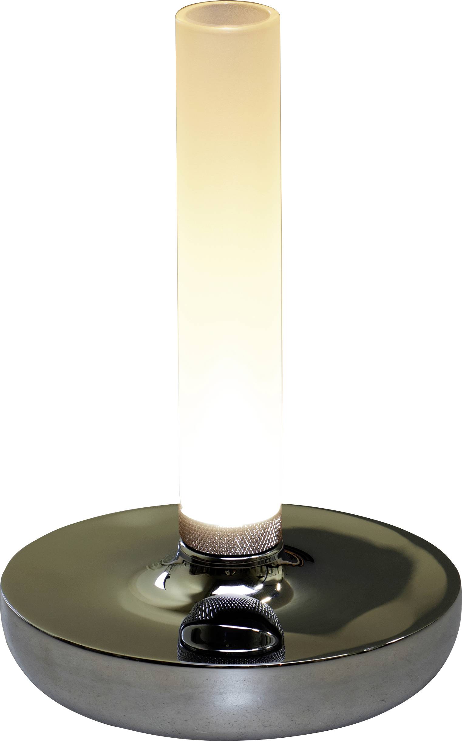 Une lampe de table moderne avec un tube lumineux cylindrique posé sur un socle rond réfléchissant, émettant une lueur douce et chaleureuse, adaptée à l'éclairage d'ambiance.
