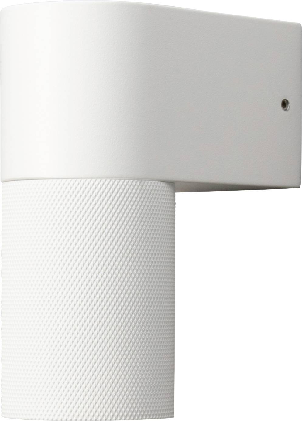 Une caméra de sécurité blanche, cylindrique, montée sur un mur, présentant une surface texturée et un design minimaliste.