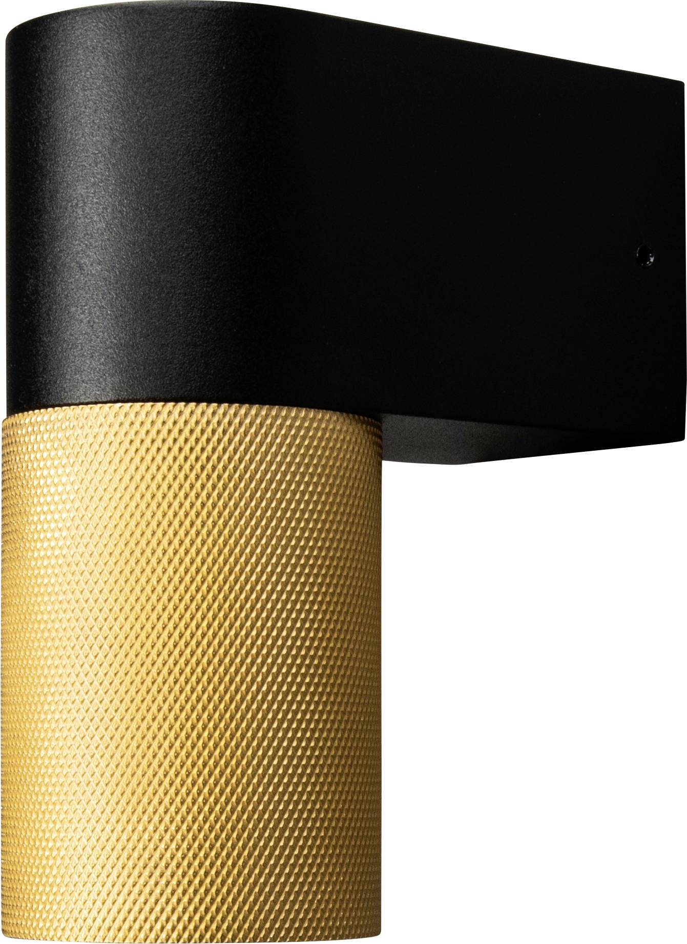Un luminaire cylindrique moderne fixé au mur, avec une base noire et une finition dorée texturée.
