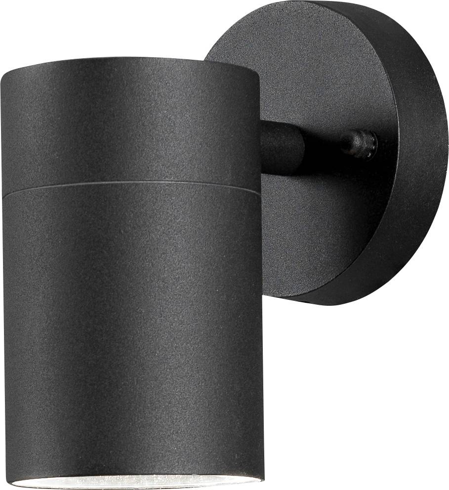 Un luminaire extérieur mural moderne noir au design cylindrique, monté sur une base ronde.