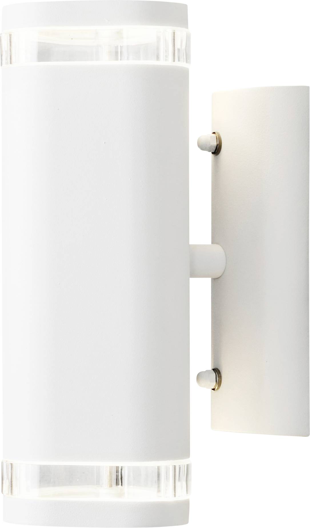 Un luminaire mural cylindrique blanc avec des extrémités transparentes, monté verticalement sur un socle rectangulaire. Comprend un éclairage supérieur et inférieur.