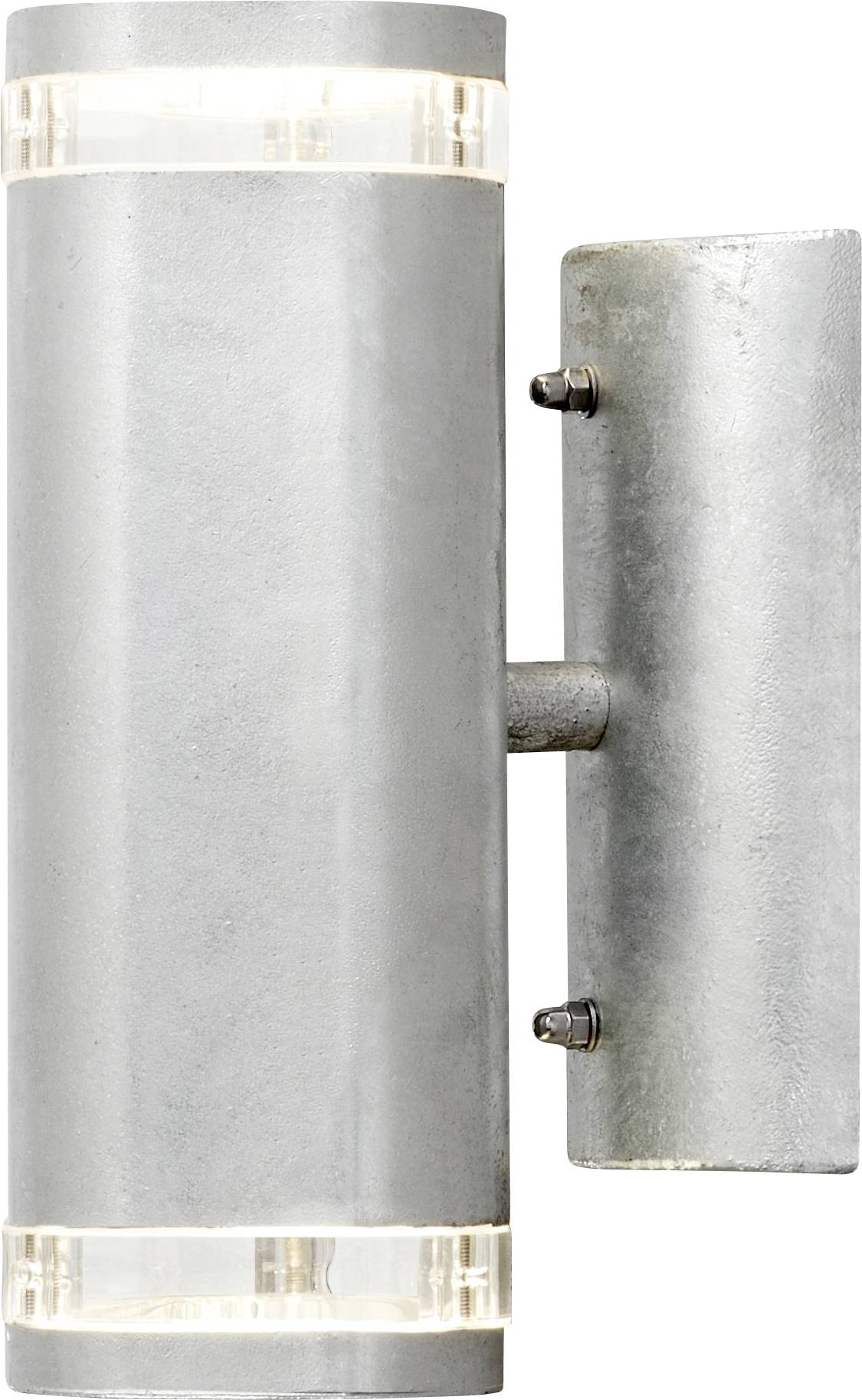Applique murale cylindrique en métal avec extrémités transparentes, conçue pour une utilisation extérieure. L'éclairage est émis à la fois par le haut et le bas.