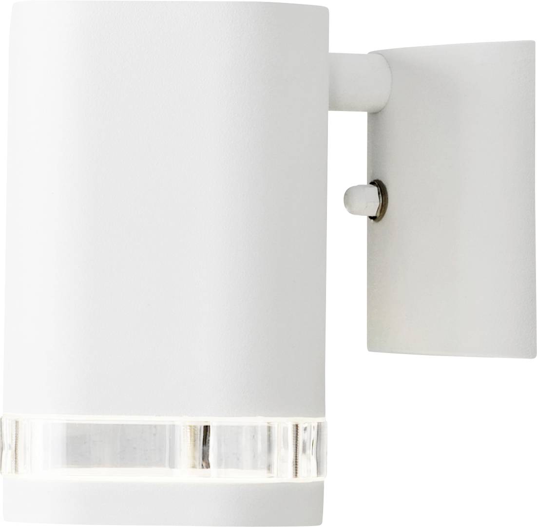 Un applique murale cylindrique blanche moderne avec un anneau d'accentuation transparent près de la base, monté sur une platine rectangulaire.