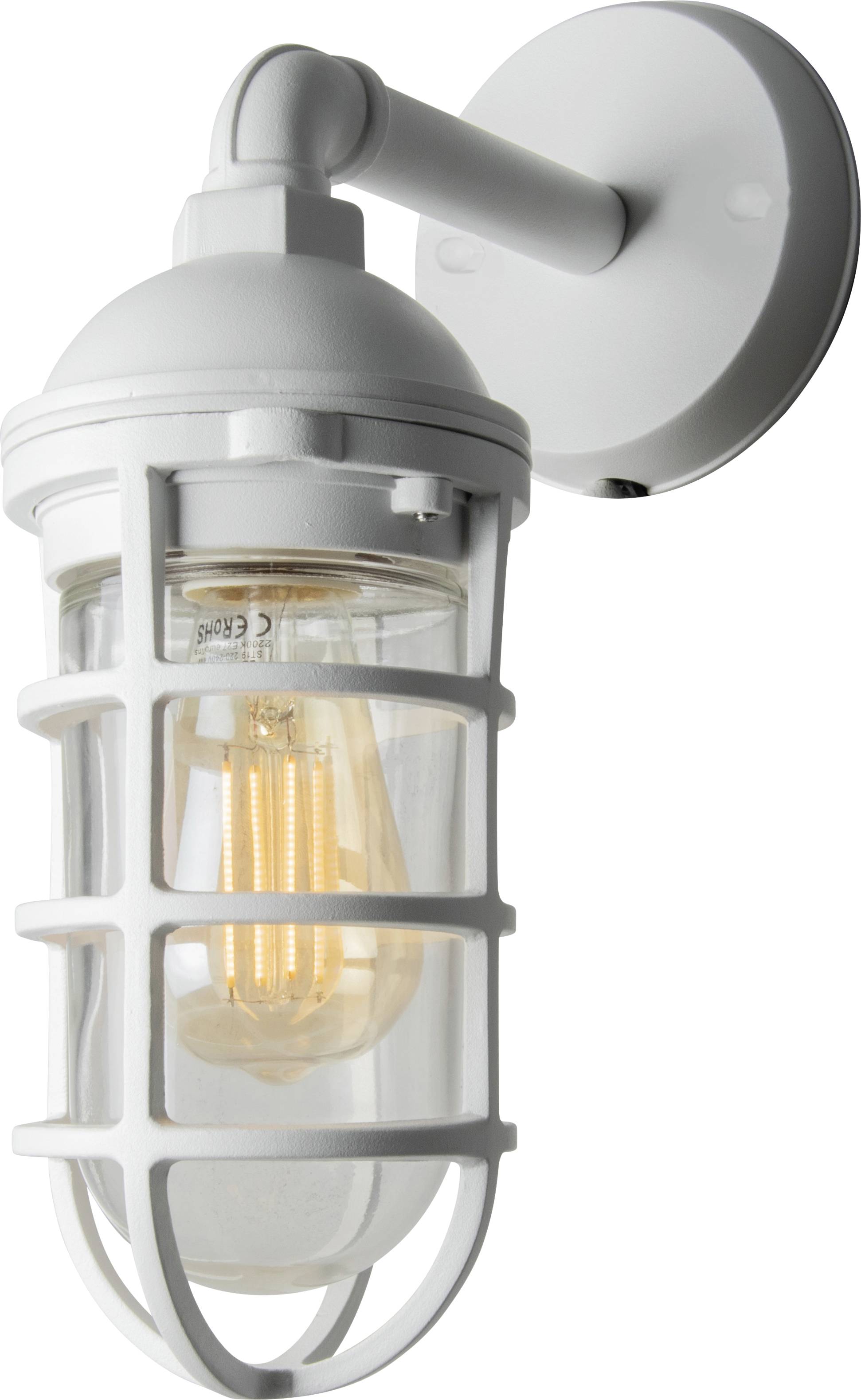 Un luminaire mural industriel blanc avec un abat-jour en verre transparent et une ampoule à filament visible, idéal pour une utilisation extérieure.