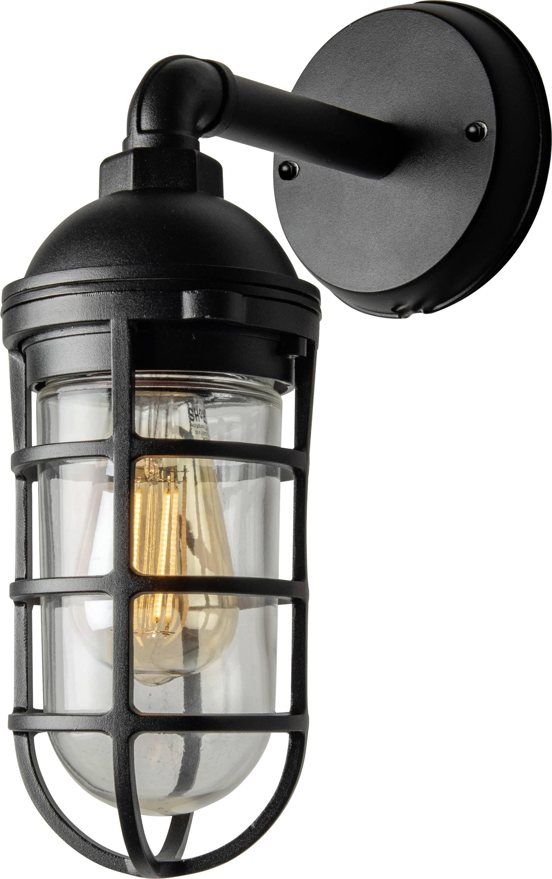 Un applique murale de style industriel avec une cage en métal noir et un verre transparent, abritant une ampoule à filament apparent, montée sur une base ronde.