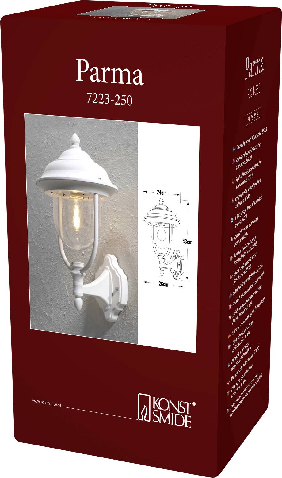 Lanterne murale 'Parma 7223-250' présentant l'image du produit, ses dimensions (45 cm de hauteur, 27 cm de profondeur), et la marque Konstsmide.