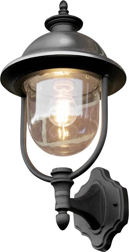 Un luminaire mural extérieur noir ornementé avec une ampoule à filament lumineux, monté sur un support décoratif. Idéal pour l'éclairage de jardin ou de terrasse.