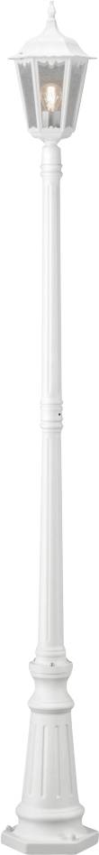 Un lampadaire blanc et élancé de style vintage, avec une ampoule allumée à l'intérieur d'un abat-jour en forme de lanterne.
