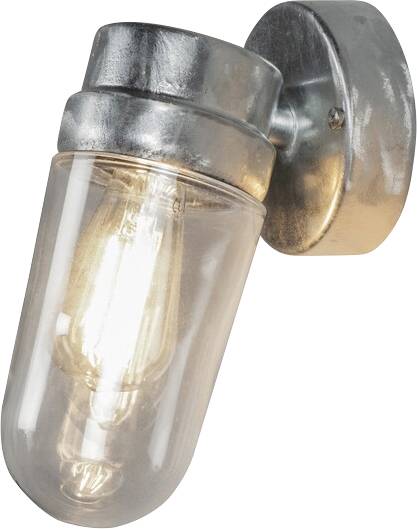 Un luminaire mural de style vintage avec un socle en métal et un abat-jour en verre, abritant une ampoule à filament apparent émettant une lueur chaleureuse.