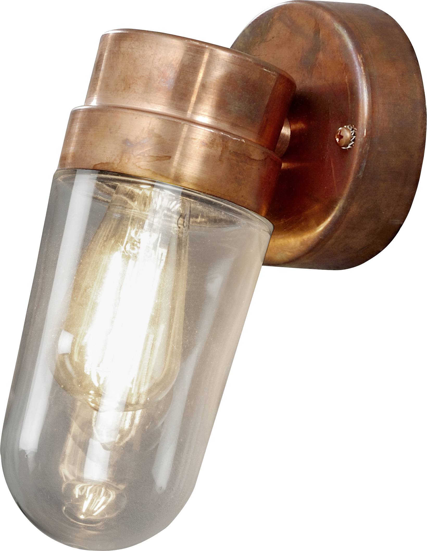 Un luminaire mural en cuivre avec une ampoule vintage apparente, diffusant une lueur chaleureuse.