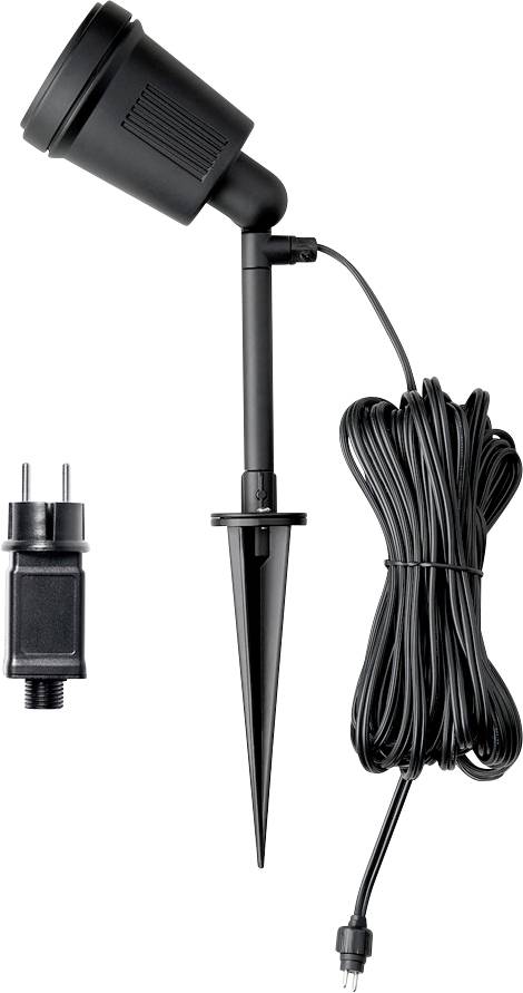 Projecteur LED extérieur avec piquet pointu pour insertion dans le sol, équipé d'un long câble noir et d'un adaptateur enfichable pour la connexion électrique.