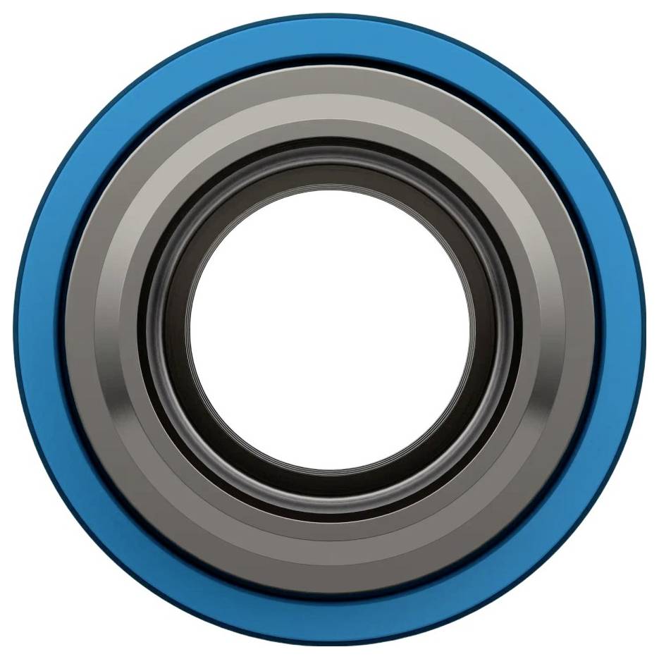 Un roulement à billes circulaire avec un centre métallique encastré dans un anneau extérieur bleu, vu de dessus.