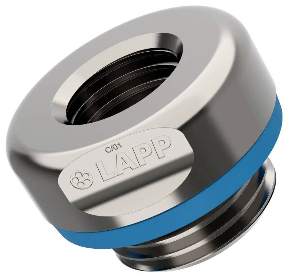 Un presse-étoupe métallique LAPP avec un joint d'étanchéité bleu, utilisé pour sécuriser et sceller des câbles dans un boîtier électrique.