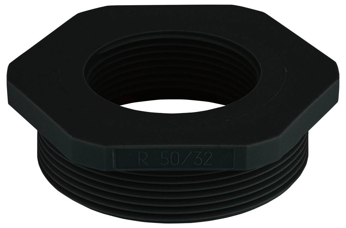 Un bouchon fileté noir hexagonal, étiqueté « R 50/32 », utilisé pour obturer ou fermer les ouvertures de tuyaux.