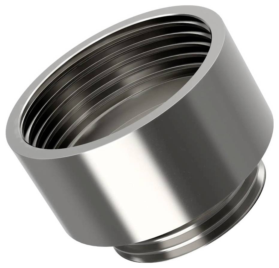 Un adaptateur cylindrique en métal fileté, doté d'une ouverture large et d'une finition lisse, conçu pour raccorder des tuyaux ou des flexibles.