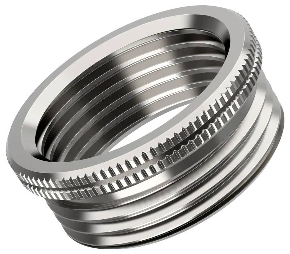 Un anneau métallique poli fileté avec des rainures et des nervures, semblant être un composant potentiellement utilisé dans des applications mécaniques ou de plomberie.