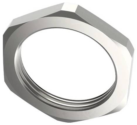 Un écrou hexagonal en métal avec filetage intérieur, généralement utilisé pour assembler des composants dans les machines ou les constructions.