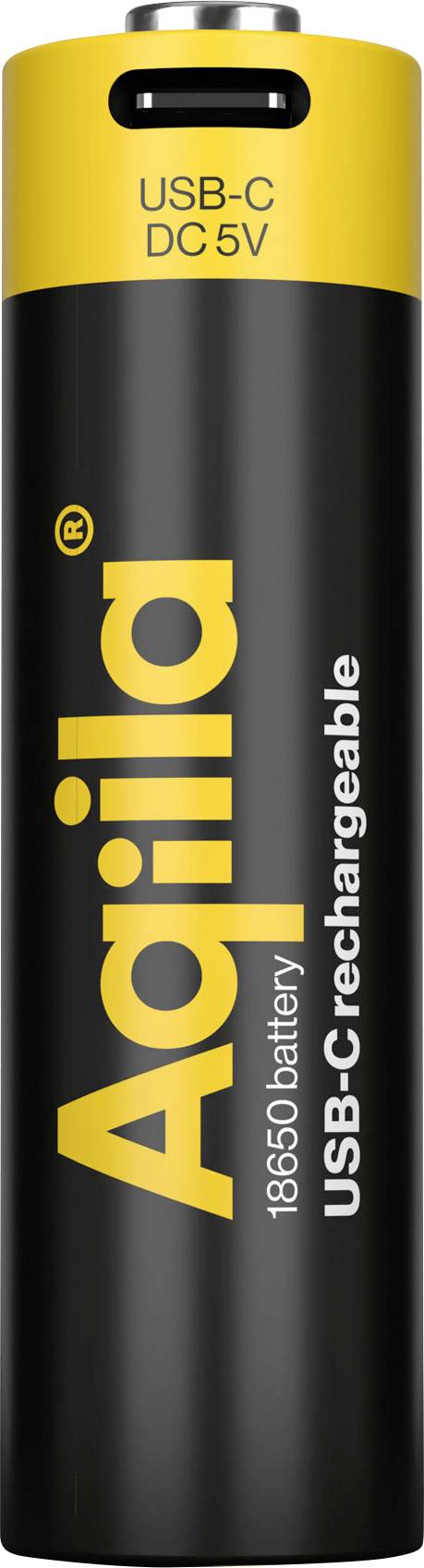 Batterie rechargeable 18650 USB-C, marque Aqila, noire avec un sommet jaune, étiquetée pour 5V CC.