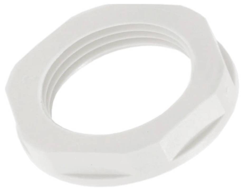 Un écrou de verrouillage en plastique blanc pour sécuriser des raccords filetés, de forme octogonale avec un filetage interne, présenté sur un fond blanc.