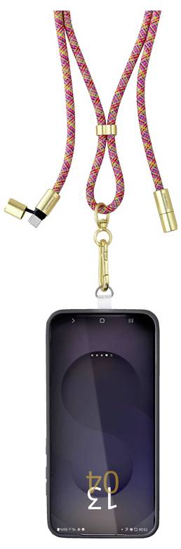 Un smartphone doté d'une lanière colorée, avec un boîtier noir et un écran affichant un design minimaliste avec '2021'.