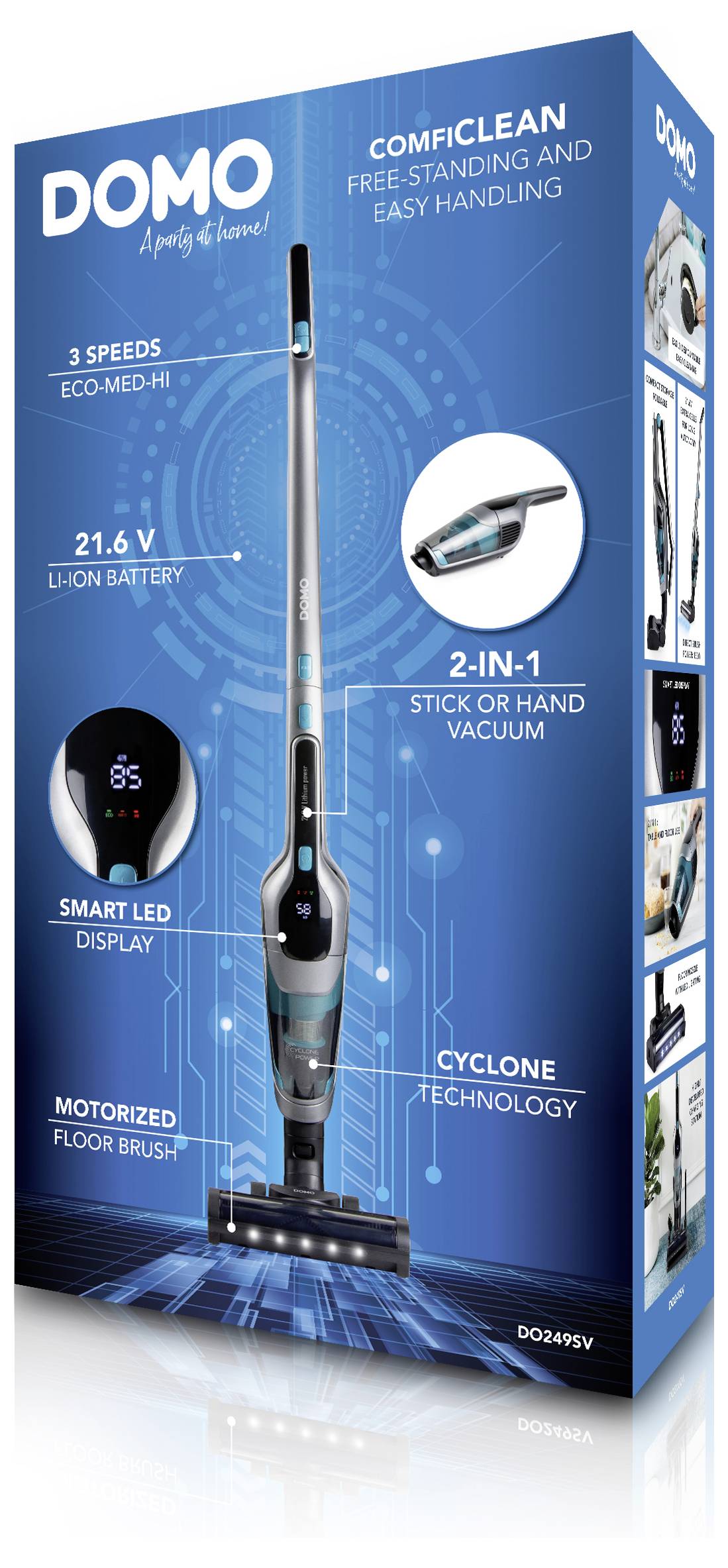 Emballage d'aspirateur 'Domo' présentant l'image du produit, avec des caractéristiques telles que 3 vitesses, batterie Li-ion 21,6V, aspirateur 2-en-1 (balai/main), et technologie cyclonique.