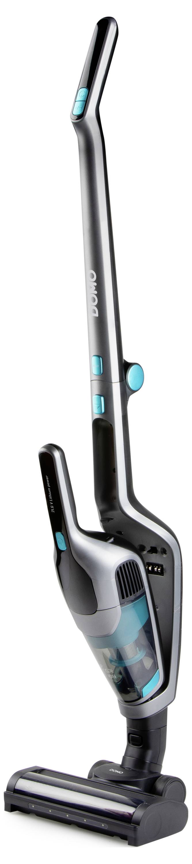 Un aspirateur vertical élégant, doté d'une unité portable détachable, présentant un design moderne avec des touches de bleu-vert et un réservoir à poussière transparent.