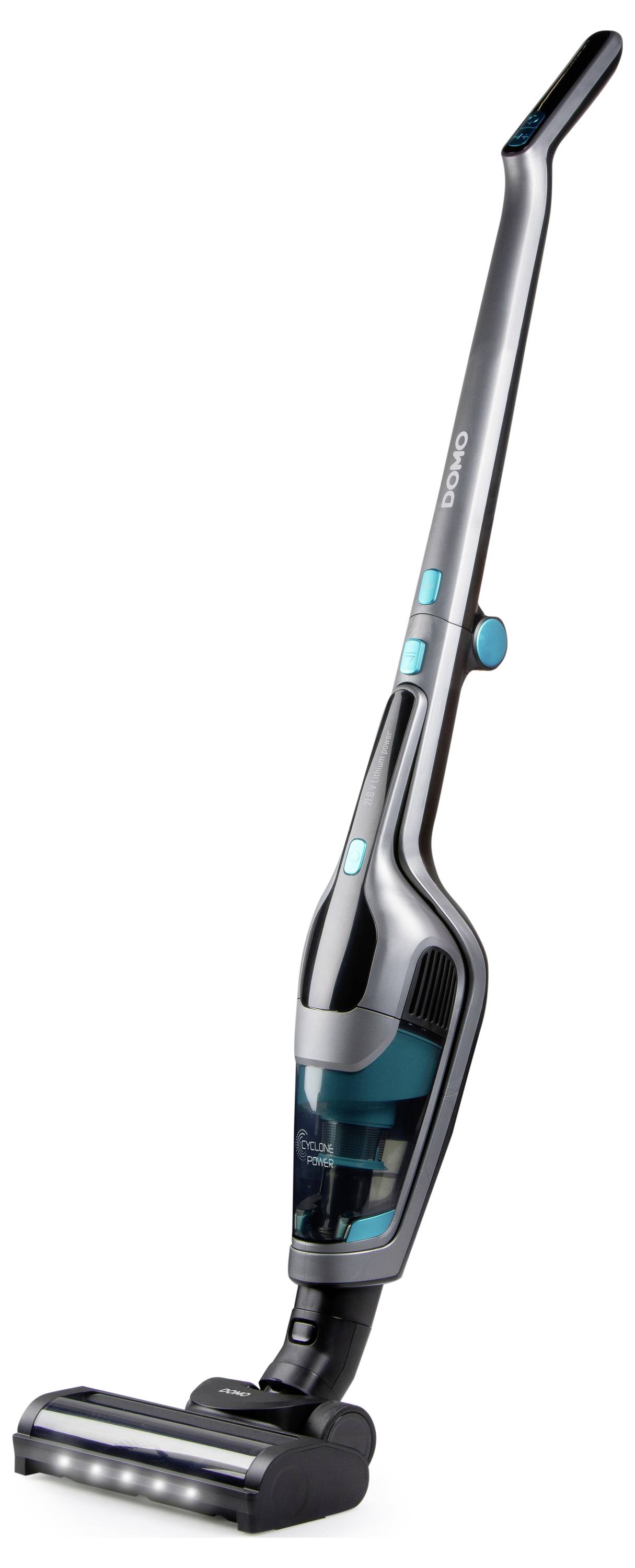 Un aspirateur sans fil élégant et moderne, doté d'un long manche et de lumières LED à la base, conçu pour une maniabilité facile et un nettoyage efficace.