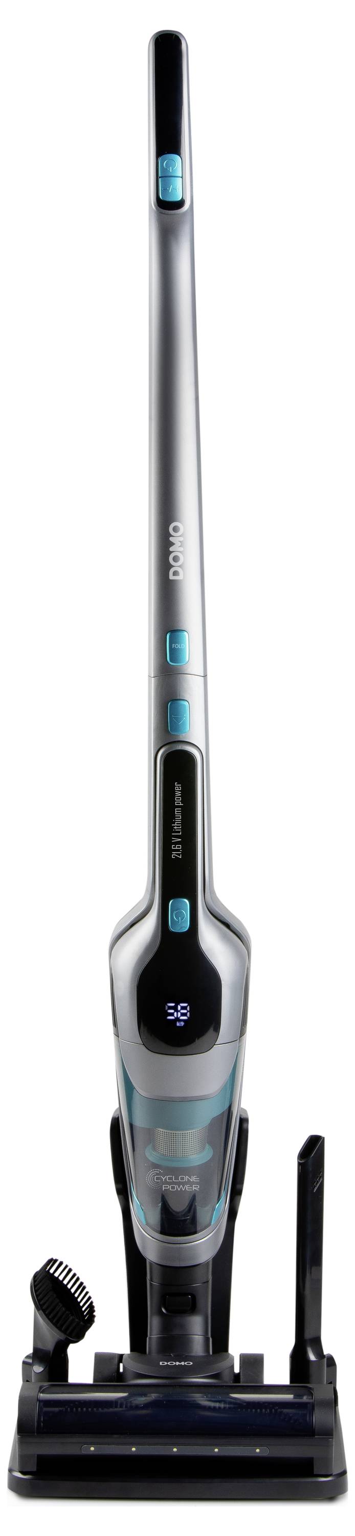 Un aspirateur élégant et vertical doté d'un long manche argenté et de touches bleues, équipé de plusieurs accessoires pour un nettoyage polyvalent.