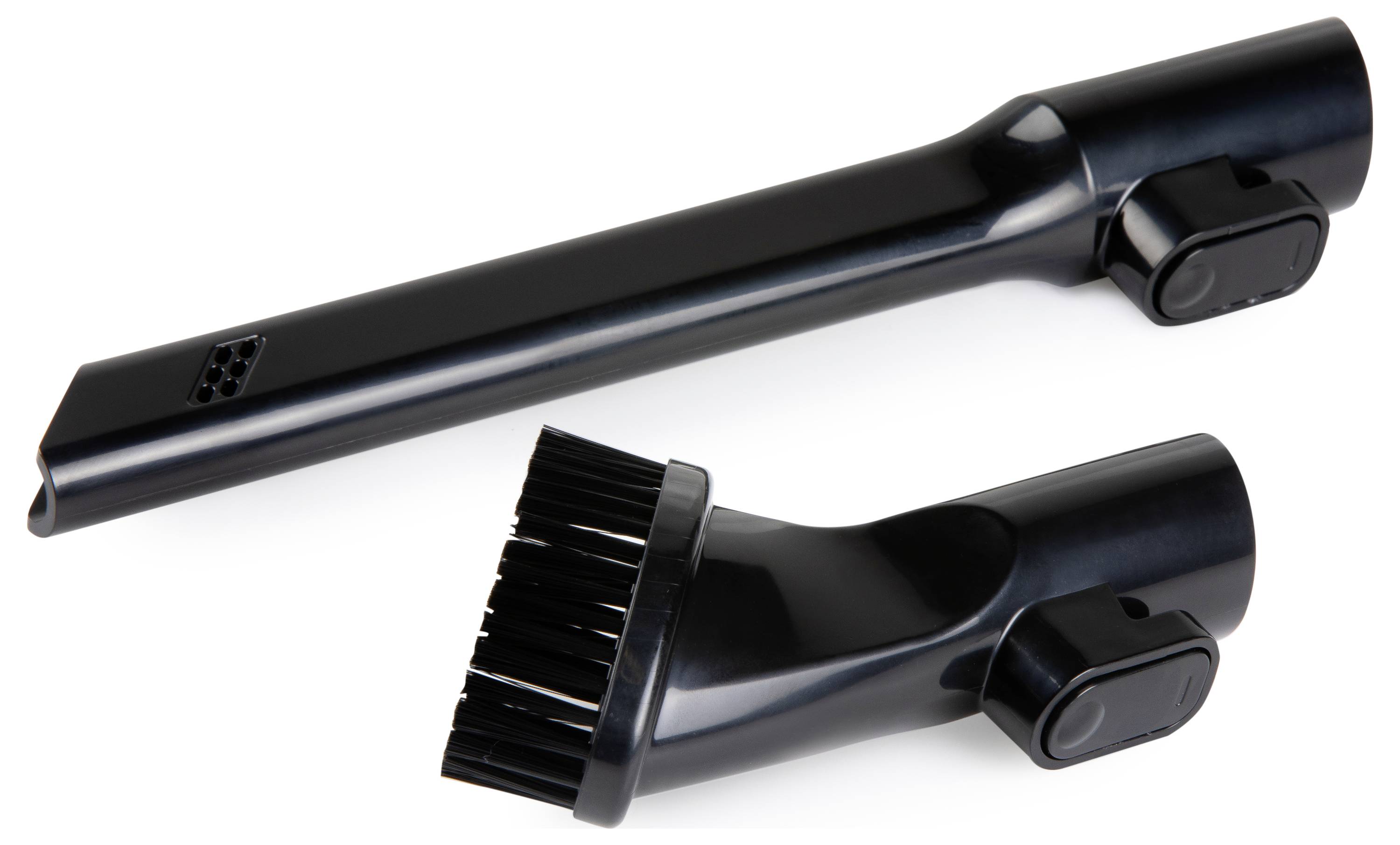 Deux accessoires d'aspirateur noirs : un outil étroit pour coins et recoins et une brosse ronde avec des poils, tous deux munis de clips de fixation.
