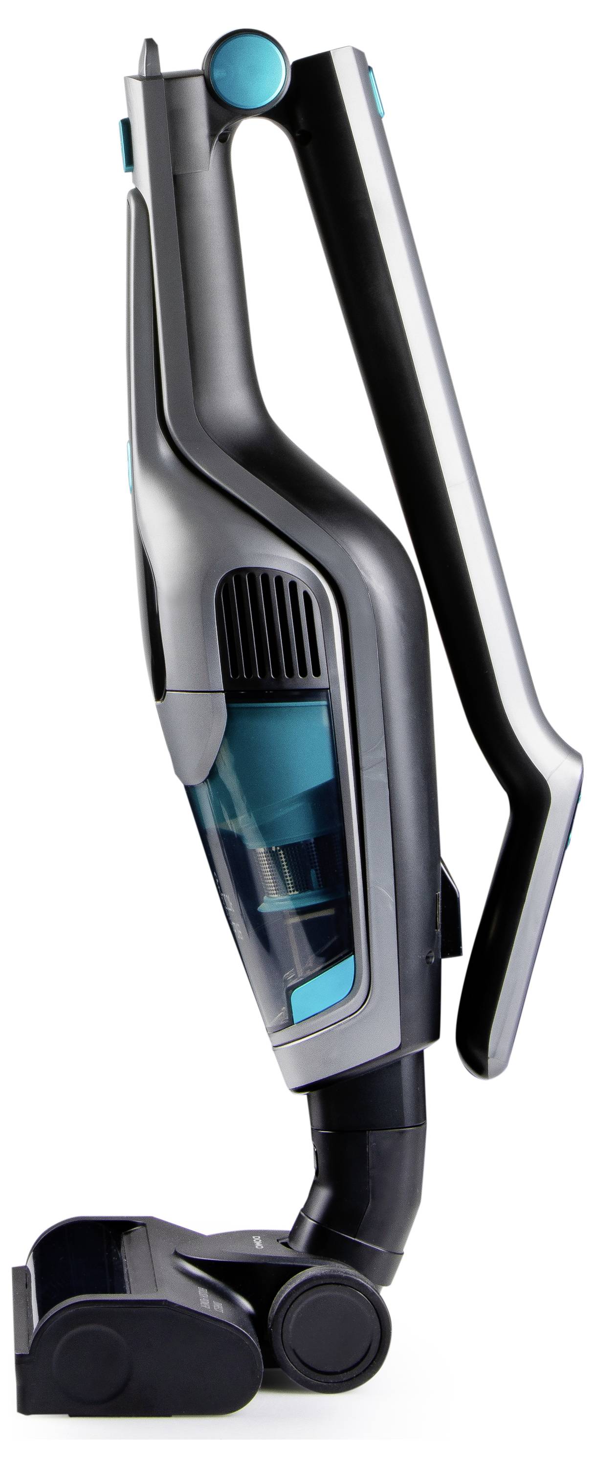 Un aspirateur sans fil en vue de profil, arborant un design élégant noir et bleu-vert avec un réservoir à poussière transparent.